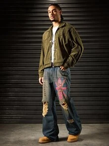 ROMWE MEN Street Life Men's Casual Everyday Jeans With Pocket, Stud Decor And Distressed Design - Blue - View 5