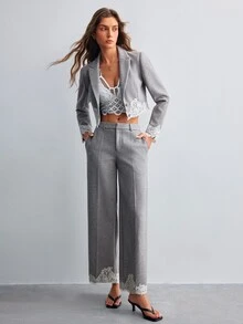 Willow Rêve Women's Gray Wool Blend Loose Straight Leg Pants With Lace Hem - Grey - View 6