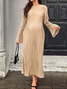 SHEIN Maternity Solid Color Round Neck Flared Sleeve Elegant Dress - Apricot - View 5