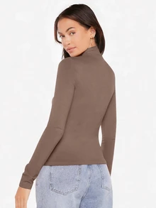 SHEIN BASICS 女款高領長袖羅紋針織修身T恤上衣 黑色 - 駝色 - 查看 2
