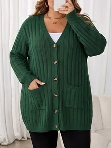 SHEIN CURVE+ 大尺碼女款落肩長袖單排扣商務休閒度假鄉村風冬季針織開襟衫 - 綠色 - 查看 6