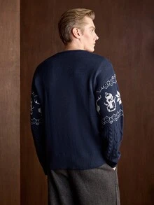 Manfinity CityGents 男士幾何圖案鈕扣設計長袖休閒毛衣 - 寶藍色 - 查看 3