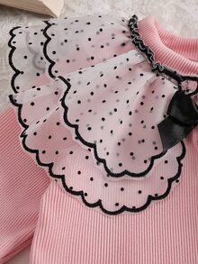 SHEIN 2件組女嬰公主風粉灰波點網紗荷葉邊蝴蝶結長袖圓領休閒連身褲外套套裝，秋季度假款，羅紋設計 - 粉色 - 查看 7