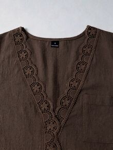 Linhara CURVE Blus Kasual Musim Gugur Renda Patchwork Wanita Ukuran Plus - Coffee Brown - View 4
