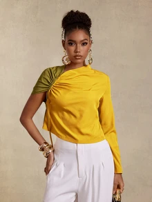 BamGlimmer Atasan Wanita Lengan Panjang Satu Bahu dengan Motif Blok Warna - MultiWarna - View 2