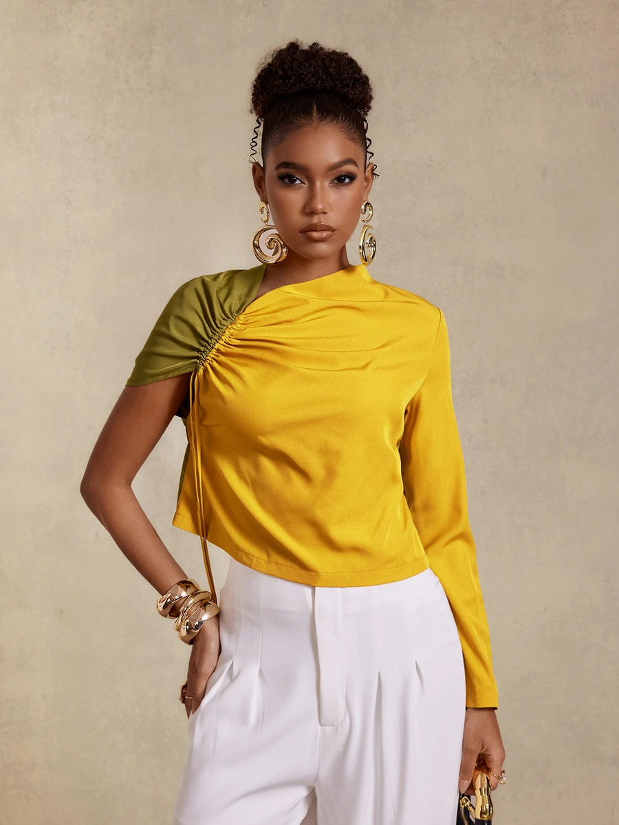 BamGlimmer Atasan Wanita Lengan Panjang Satu Bahu dengan Motif Blok Warna