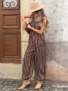 Brillora Women's Colorblock Vertical Striped Dual Pocket Casual Daily Fashion Overalls - Brown - View 7