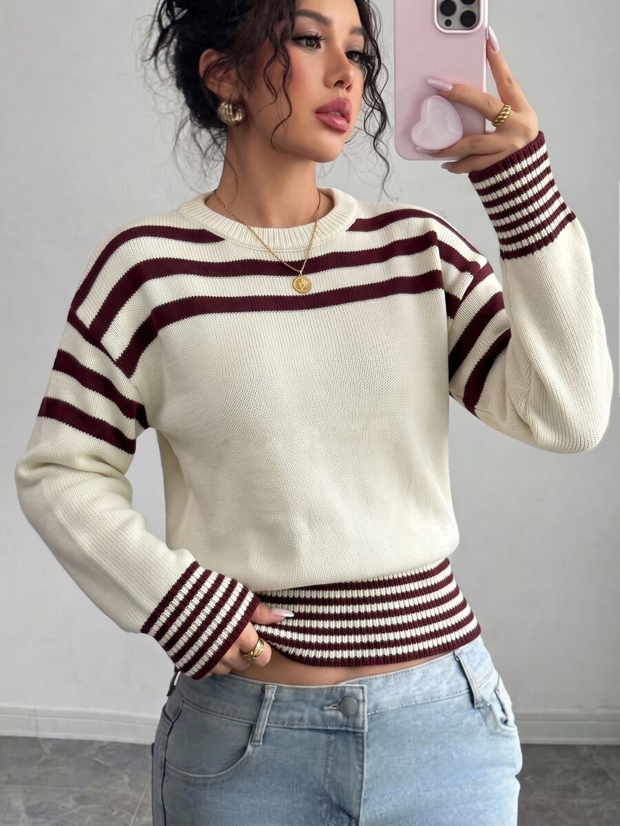 SHEIN Raffinéa Casual Fit Round Neck Long Sleeve Knit Contrast Stripe Design Beige Women's Spring/Autumn Sweater - Multicolor - View 1