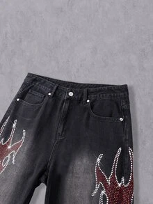 Manfinity Denimwave 男士時尚嘻哈街頭夜店哥德風現代水鑽設計黑色水洗牛仔寬腿褲 - 黑色 - 查看 6