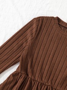 Girls Fall Winter Rib Knit Solid & Vintage Floral Long Sleeve Dress 2pcs Pack - Brown - View 9