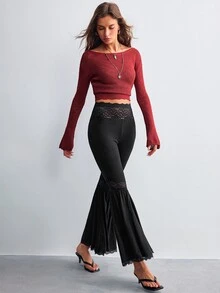 Willow Rêve Women's Black Knitted Flare Pants With Lace Trim - Black - View 8