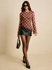 Poéselle Women's Plaid Round Neck Flared Sleeve Frill Trim Fashion T-Shirt - Rust Brown - View 3