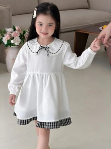 DAZY Tween Girl) Plaid Decor Patchwork Bowknot Long Sleeve Puff Sleeve Cute Sweet Dress - White - View 5