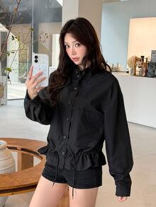 K-Vae Women's Black Single-Breasted Long Sleeve Casual Drawstring Jacket - Black - View 4