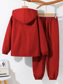 SHEIN 青少年男孩半拉鍊連帽外套與慢跑長褲 2 件套裝，休閒運動風，適合秋冬 - 紅色 - 查看 2