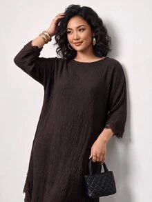 Truni Plus-Size Women's Round Neck Asymmetrical Hem Lace-Trimmed Brown Long Dress Apple,Rounded Body - Brown - View 5