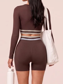 SHEIN BAE Women's Contrast Trim Long Sleeve Cropped Top & Shorts Fashion Sports Set - Coffee Brown - View 2
