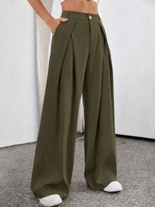 Selianne 女款素色口袋百褶休閒寬腿長褲 - 軍綠色 - 查看 3