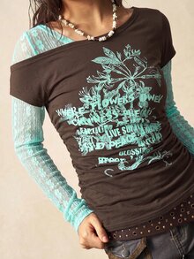 Bohemela Women's Slogan Print Contrast Lace Long Sleeve Fashion T-Shirt - Coffee Brown - View 4
