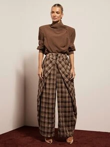 Hauture American Vintage Plaid Cross Double Button Waist Loose Mid-Waist Deconstructed Style Wide Leg Long Pants For Women Autumn/Winter - Brown - View 5