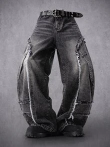 Manfinity Denimwave 男士毛邊下擺口袋休閒寬腿牛仔褲 - 深灰色 - 查看 3