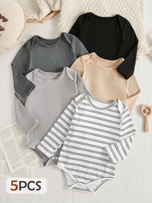 SHEIN Playful Pals 5件組 幼兒男嬰連身衣 經典甜美風 黑灰色與褐色條紋 羅紋扣扣長袖圓領 常規款 假日秋季聖誕萬聖節多件組 - 彩色 - 查看 1