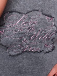 MUSERA Graphic Embroidered Fitted Crewneck Tee Autumn Fall Winter Daily Back To School Pink Pony - Dark Grey - View 6