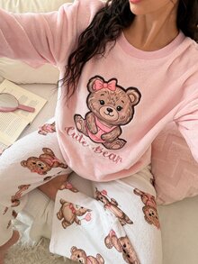 SweetSlumber Women's Letter Cartoon Print Long Sleeve Top And Pants Casual Daily Home Sleepwear Set - Multicolor - View 5