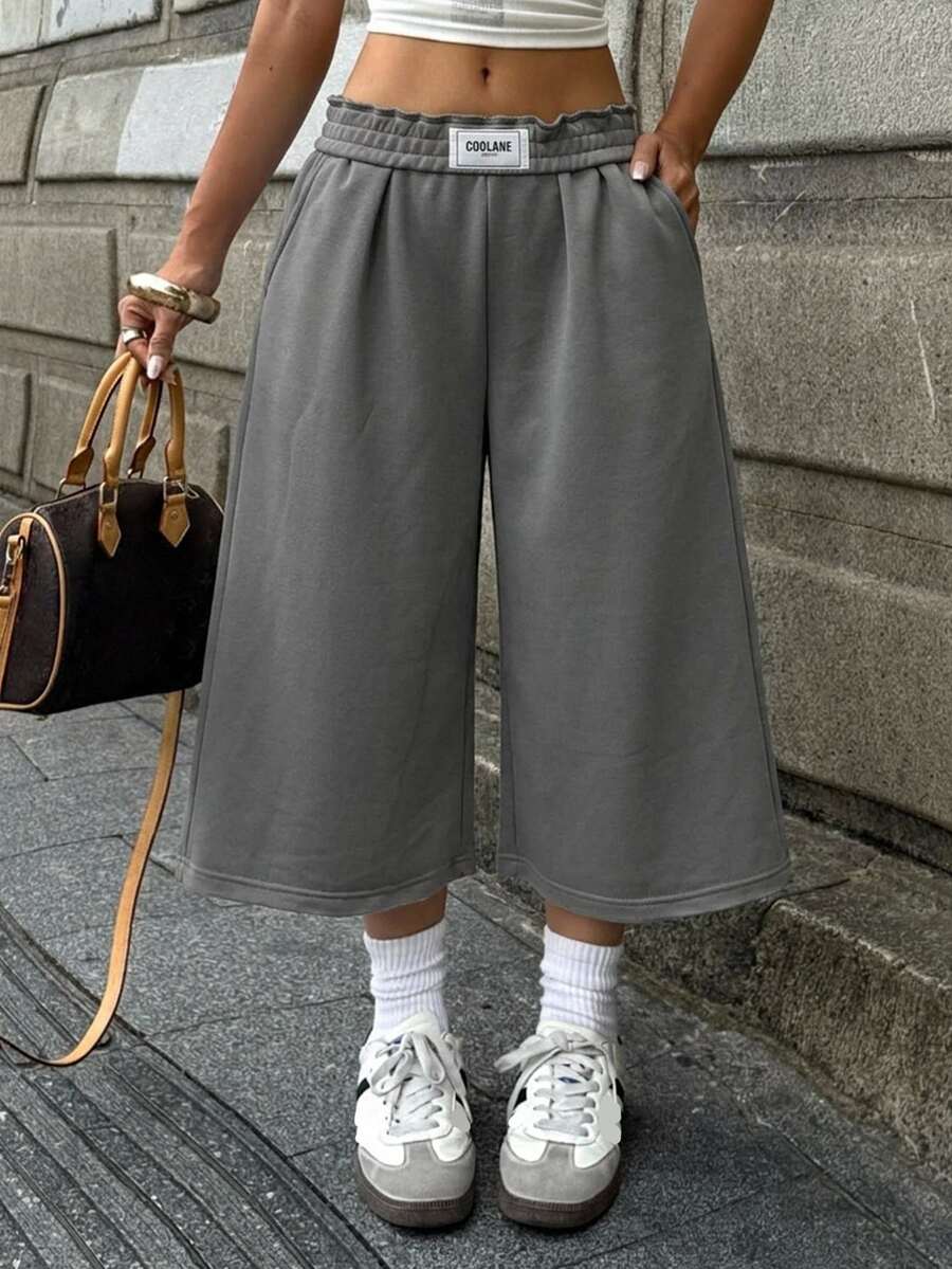 Coolane 女款秋季外出街頭風日常休閒運動翻領長褲灰色針織短褲,適合健身、跑步、運動的休閒短褲 - 深灰色 - 查看 1