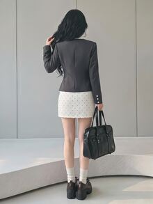 Sweetina Women's Academy Style Peter Pan Collar Blazer And Polka Dot Skirt Suit Set - Grey - View 2