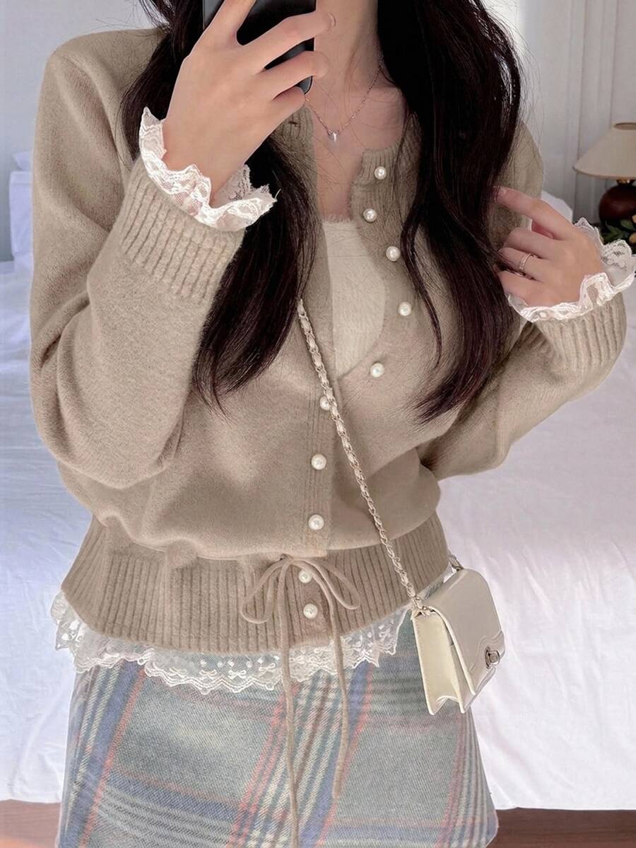DAZY 女款法式蕾絲拼接針織開襟外套,秋冬加厚寬鬆夾克上衣 - 白色 - 查看 1