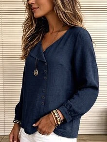 EMERY ROSE Women's Plus Size Spring/Autumn Faux Linen V-Neck Blouse, Loose Fit Asymmetric Button Front Long Sleeve Top, Casual Commute Daily Travel Solid Color Pullover Shirt - Navy Blue - View 5