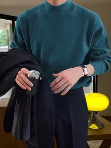 Marcello Vane 男士純色休閒百搭日常穿著長袖針織衫 - 青碧色 - 查看 7