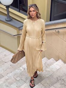 SHEIN Maternity Solid Color Round Neck Flared Sleeve Elegant Dress - Apricot - View 2