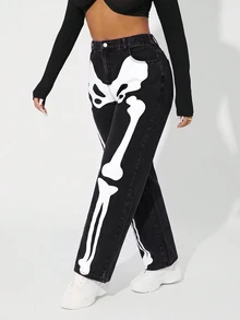 SHEIN ICON 大尺碼女款骨骼圖案口袋寬鬆休閒牛仔褲 - 黑色 - 查看 2