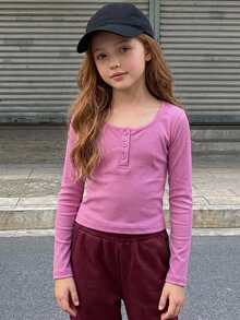 DAZY (青少年女孩) 黑色修身長袖半鈕扣前襟內搭圓領T恤，秋季 - 玫紅色 - 查看 4