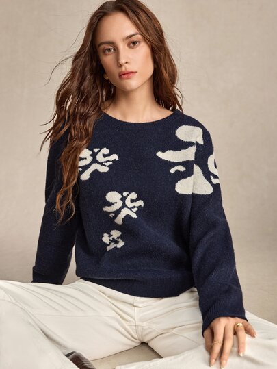 BizChic Women's Navy Blue Jacquard Pattern Sweater, French Elegant Vintage Style, Suitable For Autumn/Winter, Office Commute, Business, Workplace, Formal, Halloween, Urban Daily, Casual, Dating, Birthday Party, Wedding Guest, Country Style, Back To School, Church, Special Occasions, Vacation, Minimalist, Sexy, Romantic, Versatile, Slimming