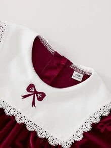 Souflis Souflis 2件組幼女絨毛洋裝 優雅甜美酒紅色蕾絲蝴蝶結印花 長袖圓領 加厚毛絨款 適合冬季與秋季節慶 - 酒紅色 - 查看 7
