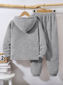 SHEIN 2件組兒童青少年男孩休閒日常百搭舒適毛絨拼接連帽半拉鍊長袖衛衣與鬆緊束口針織長褲保暖內裡加厚運動套裝 - 灰色 - 查看 2