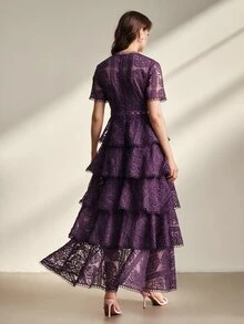 Anewsta 春夏新款情人節限量版 優雅溫柔 重工刺繡圓領短袖 圓形蕾絲拼接 收腰蛋糕荷葉邊泡泡長洋裝 女款 - Bold Plum - 查看 7