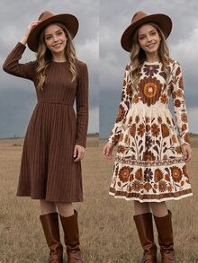 Girls Fall Winter Rib Knit Solid & Vintage Floral Long Sleeve Dress 2pcs Pack - Brown - View 4