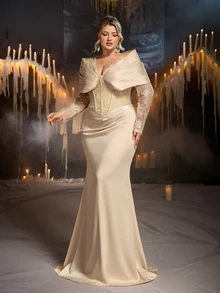 Glamrae Plus Size Elegant Glamorous Fashion Champagne Sequin Embroidered Color Block Satin Fabric Long Sleeve Exaggerated Shoulder Design Flattering Ruched Mermaid Long Dress Suitable For Wedding Events, Bachelorette Parties, Proms - Champagne - View 6