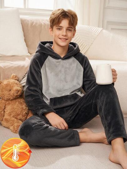 1 Set Boys' Loungewear, Solid Color With Kangaroo Pocket Decoration, Flannel Fleece Fabric, Soft, Thick And Smooth, Hooded Top And Long Pants 2 Pieces Set, Sleepwear Category (1 Set Sold Separately)