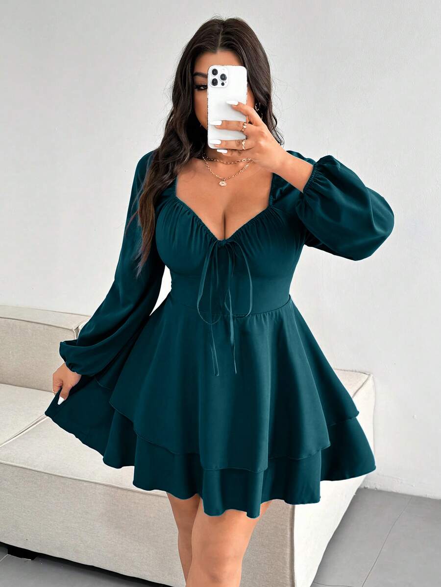 SHEIN Clasi 大尺碼優雅純色綁帶雙層下擺洋裝 - 綠色 - 查看 1