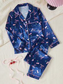 秋冬季青少年女孩深藍色可愛蝴蝶結印花翻領鈕扣長袖上衣配休閒長褲舒適兩件套居家服，假期居家穿著 - 彩色 - 查看 5