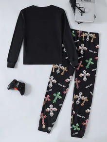 SHEIN 2件組青少年男孩風格新款長袖T恤與長褲套裝，修身版型睡衣家居服，舒適時尚簡約實用百搭，柔軟面料，適合日常穿著、居家穿著、內搭，適用於秋冬 - 彩色 - 查看 4