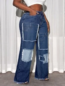 Slaydiva Plus Size Women's Patchwork Pocket Wide Leg Loose Casual Denim Jeans - Blue - View 5
