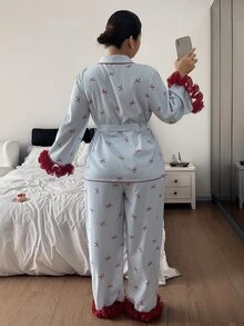 Napfluff CURVE Napfluff CURVE Women's Plus Size Colorful Patchwork 3D Lace Trim Striped Bow Print Long Sleeve Top & Long Pants Pajama Set - Blue - View 2