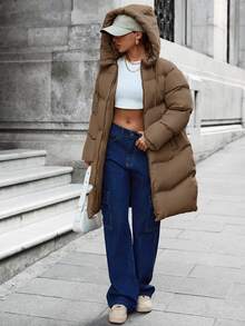 SHEIN Petite Size Solid Brown Color Zip Up Long Padded Coat With Hoodie Winter Coat To Keeping Warm - Brown - View 6