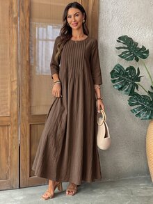EMERY ROSE Women's Round Neck Mid-Sleeve Pleated Long Dress Coffee Brown Fall Casual - Brown - View 5